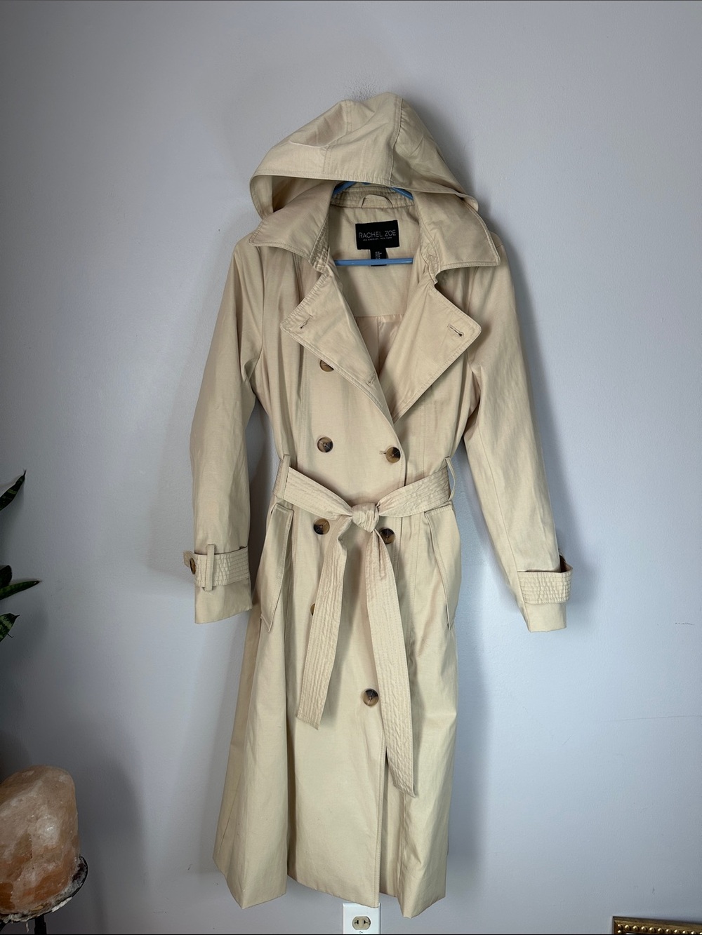 Rachel Zoe Cream Double-Breasted Trench Coat with Hood size M